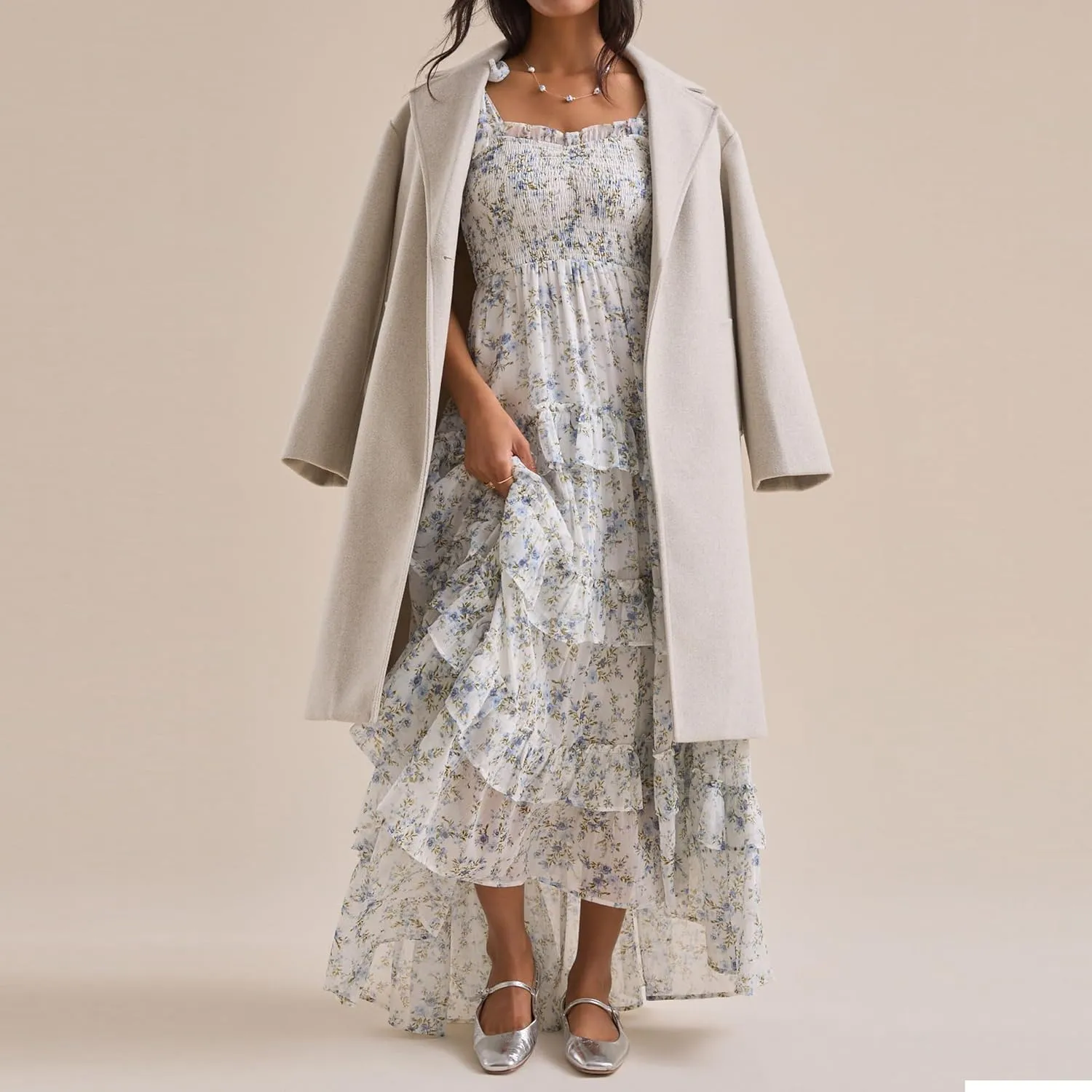Women Boho Floral Smocked Maxi Dress Y2k Patchwork Lace Layered Long Beach Dress Casual Flowy Summer Sundress