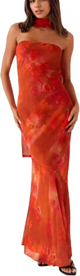 Women Floral Tube Maxi Dress with Scarf Y2K Strapless Bodycon Summer Party Long Dress Vacation Halter Dresses