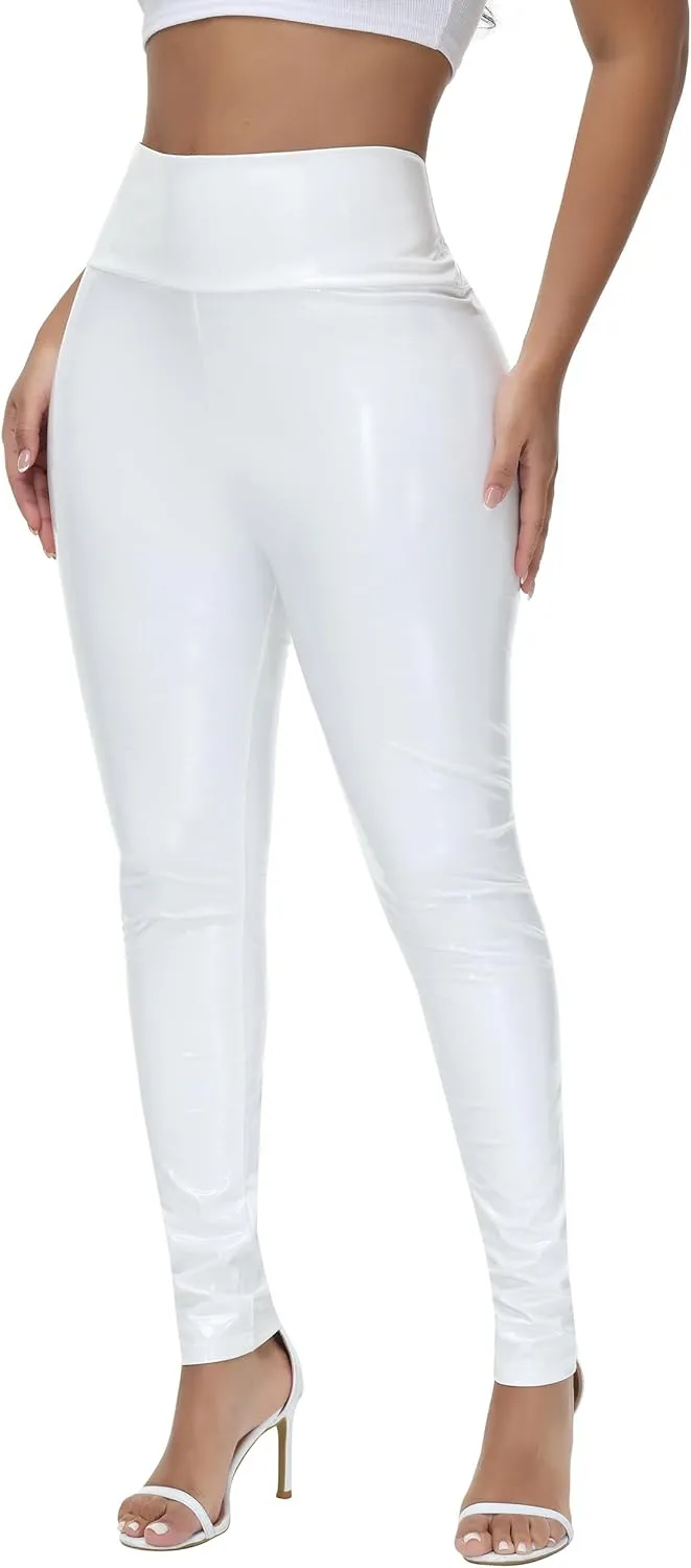 Women Mirror Faux Patent Leather Leggings Wet Look Reflective Shiny Stretch Tighten Pants High Waist Slim