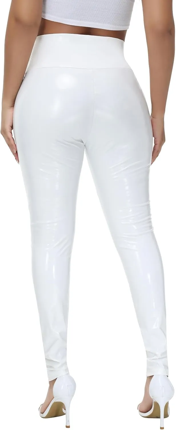 Women Mirror Faux Patent Leather Leggings Wet Look Reflective Shiny Stretch Tighten Pants High Waist Slim