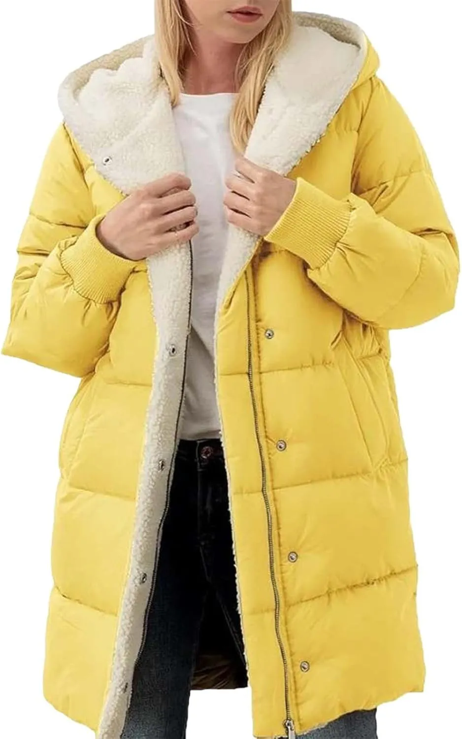 Women Winter Puffer Jacket, Reversible Fur Fleece Lined Hood Zip Sherpa Coat Parka Padded Long Outerwear