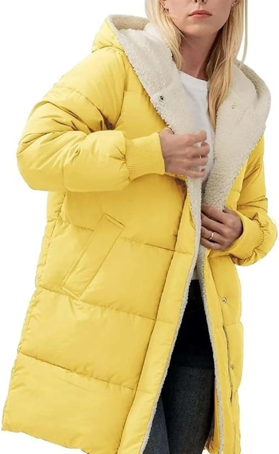 Women Winter Puffer Jacket, Reversible Fur Fleece Lined Hood Zip Sherpa Coat Parka Padded Long Outerwear