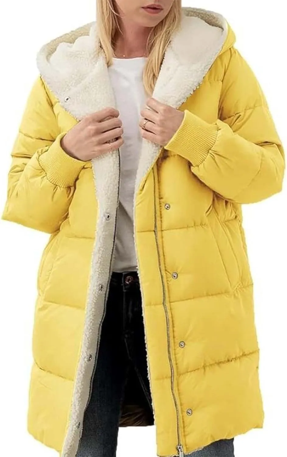 Women Winter Puffer Jacket, Reversible Fur Fleece Lined Hood Zip Sherpa Coat Parka Padded Long Outerwear
