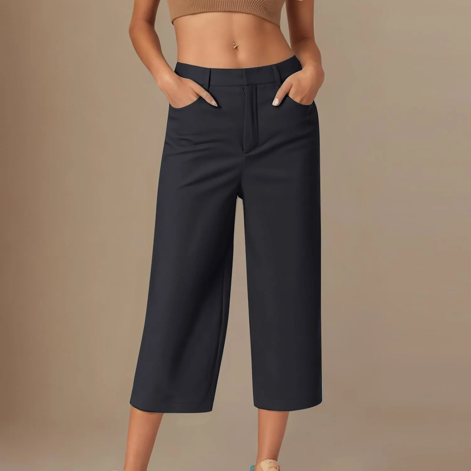 Womens Capri Pants Straight Leg Pants Business Casual Loose Capris Tailored Cropped Trousers for Work