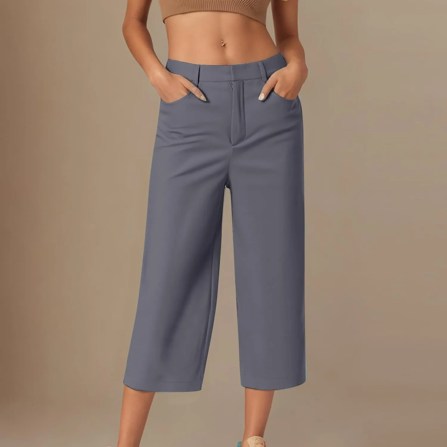 Womens Capri Pants Straight Leg Pants Business Casual Loose Capris Tailored Cropped Trousers for Work