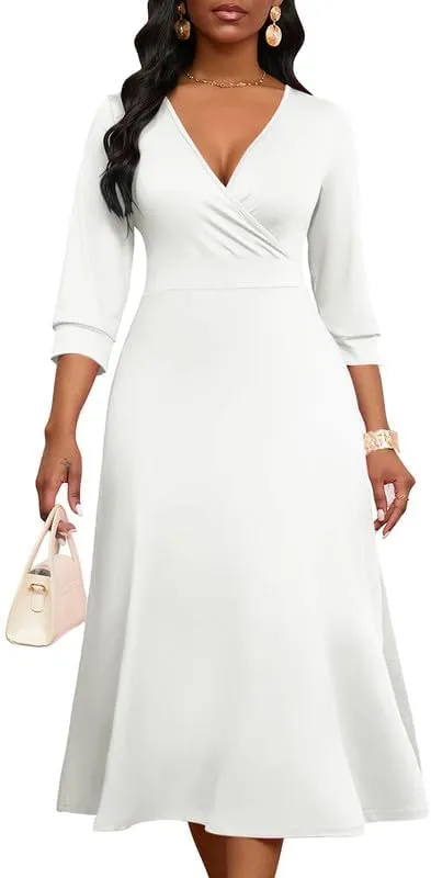 Womens Casual Dress Wrap V-Neck Elegant Wedding Guest Midi Dress 3/4 Sleeve High Waist