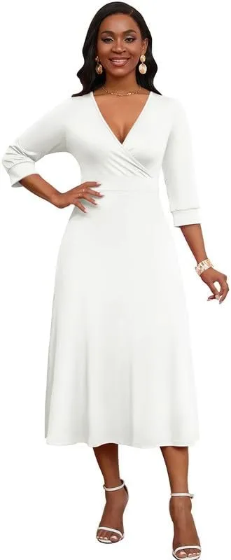 Womens Casual Dress Wrap V-Neck Elegant Wedding Guest Midi Dress 3/4 Sleeve High Waist