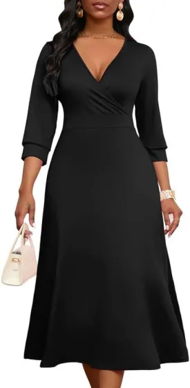 Womens Casual Dress Wrap V-Neck Elegant Wedding Guest Midi Dress 3/4 Sleeve High Waist