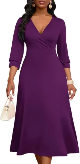 Womens Casual Dress Wrap V-Neck Elegant Wedding Guest Midi Dress 3/4 Sleeve High Waist