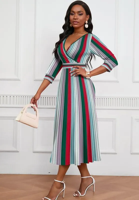 Womens Casual Dress Wrap V-Neck Elegant Wedding Guest Midi Dress 3/4 Sleeve High Waist
