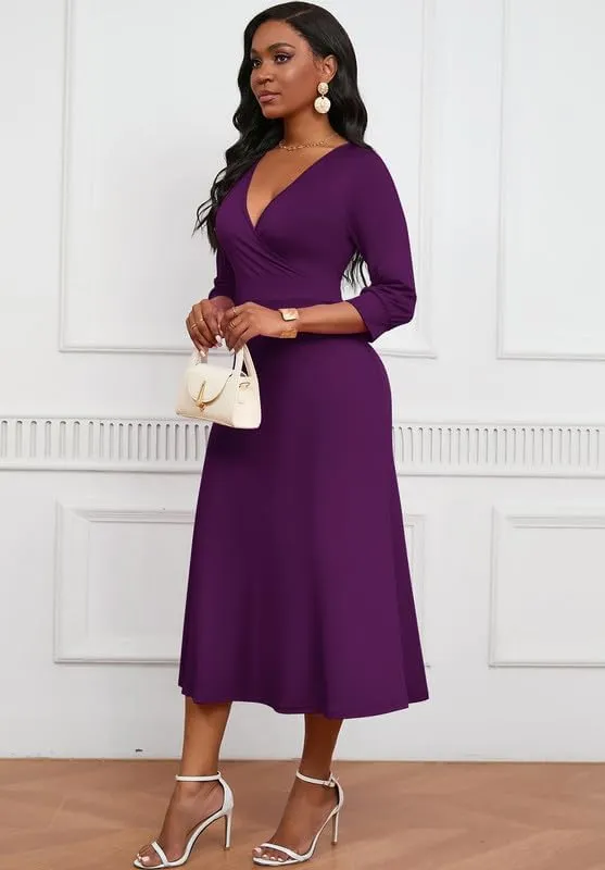 Womens Casual Dress Wrap V-Neck Elegant Wedding Guest Midi Dress 3/4 Sleeve High Waist