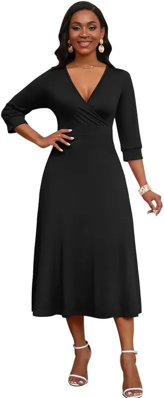 Womens Casual Dress Wrap V-Neck Elegant Wedding Guest Midi Dress 3/4 Sleeve High Waist