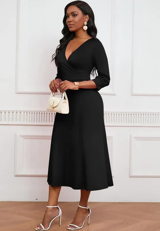 Womens Casual Dress Wrap V-Neck Elegant Wedding Guest Midi Dress 3/4 Sleeve High Waist