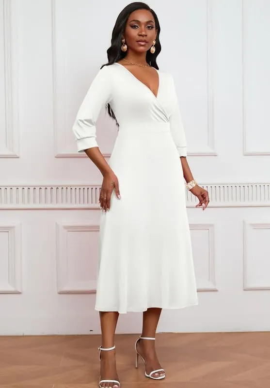 Womens Casual Dress Wrap V-Neck Elegant Wedding Guest Midi Dress 3/4 Sleeve High Waist