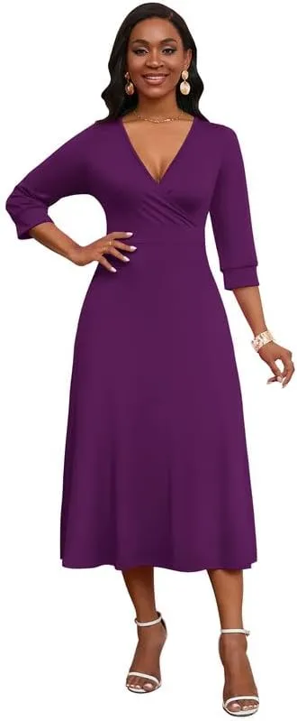 Womens Casual Dress Wrap V-Neck Elegant Wedding Guest Midi Dress 3/4 Sleeve High Waist