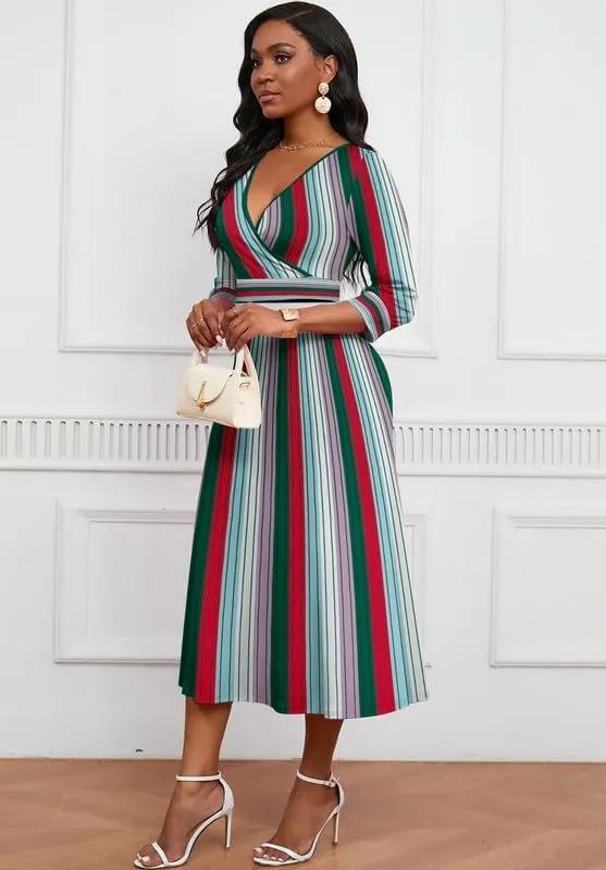 Womens Casual Dress Wrap V-Neck Elegant Wedding Guest Midi Dress 3/4 Sleeve High Waist