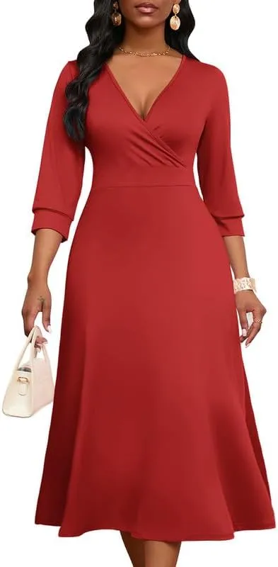 Womens Casual Dress Wrap V-Neck Elegant Wedding Guest Midi Dress 3/4 Sleeve High Waist