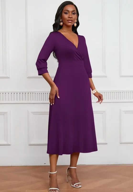 Womens Casual Dress Wrap V-Neck Elegant Wedding Guest Midi Dress 3/4 Sleeve High Waist