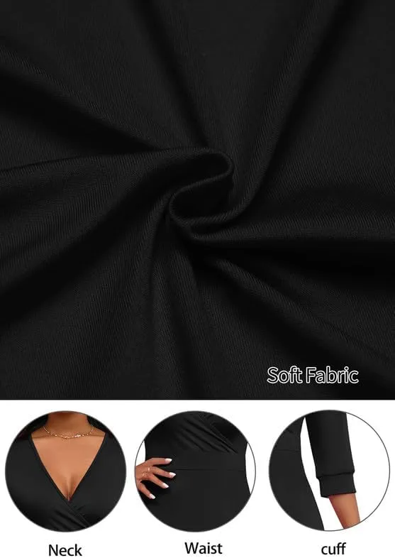 Womens Casual Dress Wrap V-Neck Elegant Wedding Guest Midi Dress 3/4 Sleeve High Waist