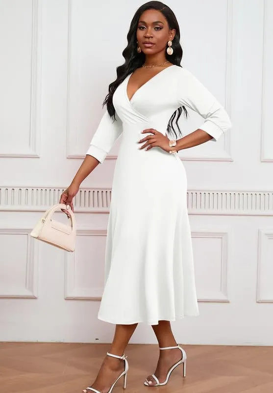 Womens Casual Dress Wrap V-Neck Elegant Wedding Guest Midi Dress 3/4 Sleeve High Waist
