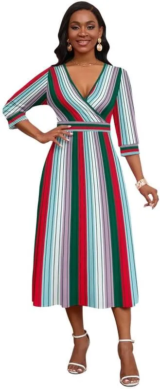 Womens Casual Dress Wrap V-Neck Elegant Wedding Guest Midi Dress 3/4 Sleeve High Waist