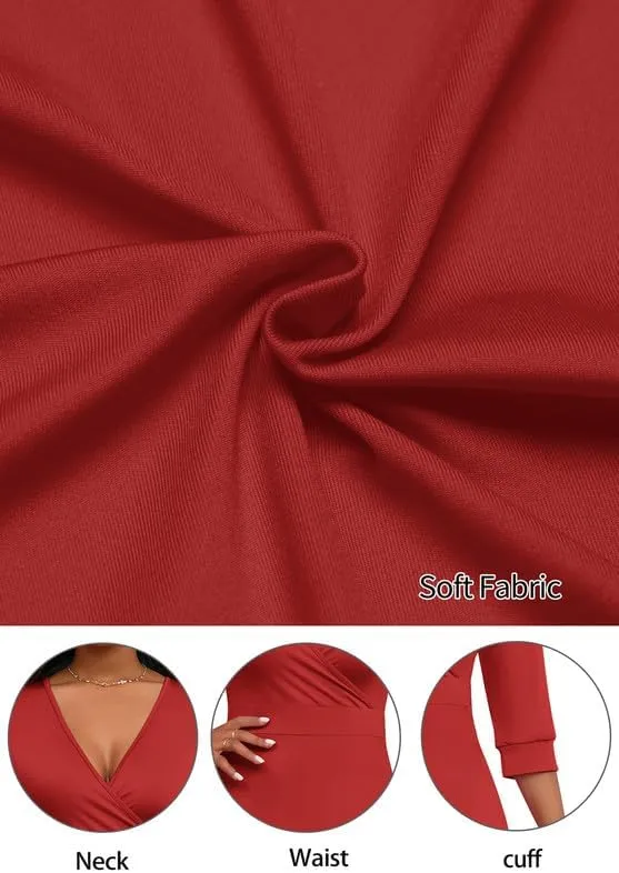 Womens Casual Dress Wrap V-Neck Elegant Wedding Guest Midi Dress 3/4 Sleeve High Waist