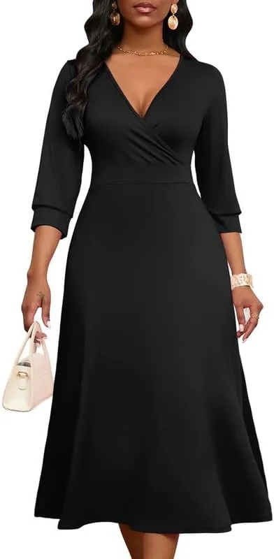 Womens Casual Dress Wrap V-Neck Elegant Wedding Guest Midi Dress 3/4 Sleeve High Waist