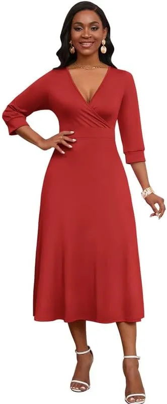 Womens Casual Dress Wrap V-Neck Elegant Wedding Guest Midi Dress 3/4 Sleeve High Waist