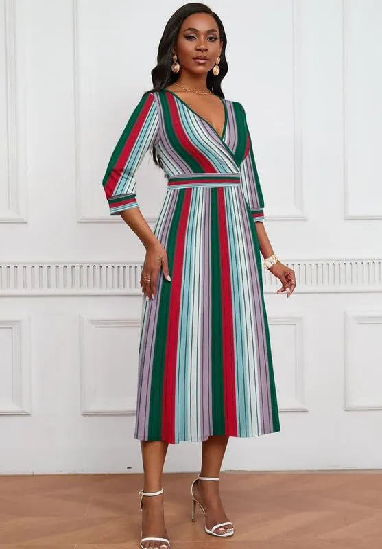 Womens Casual Dress Wrap V-Neck Elegant Wedding Guest Midi Dress 3/4 Sleeve High Waist