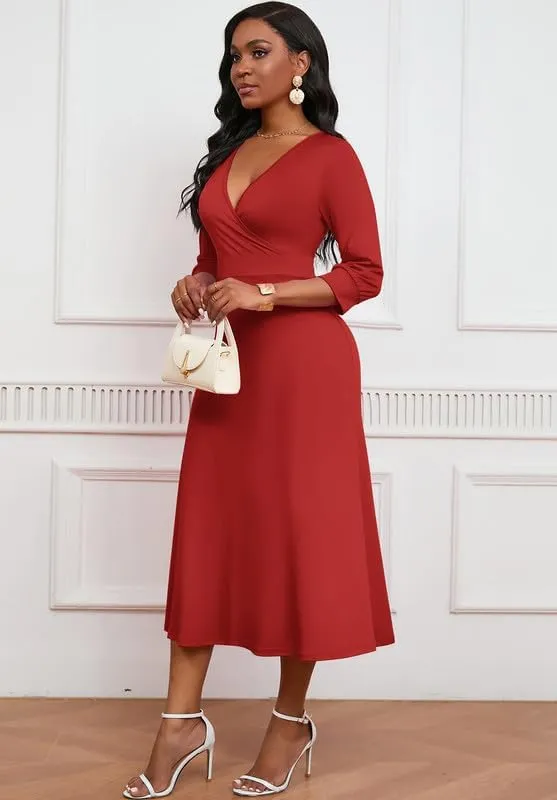 Womens Casual Dress Wrap V-Neck Elegant Wedding Guest Midi Dress 3/4 Sleeve High Waist