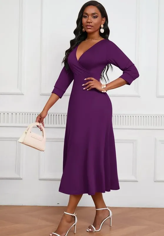 Womens Casual Dress Wrap V-Neck Elegant Wedding Guest Midi Dress 3/4 Sleeve High Waist