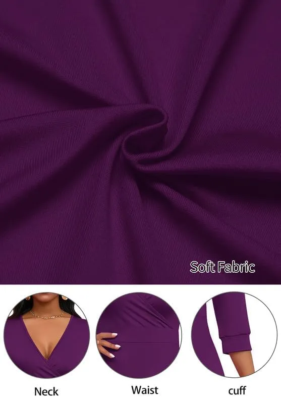 Womens Casual Dress Wrap V-Neck Elegant Wedding Guest Midi Dress 3/4 Sleeve High Waist