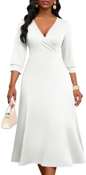 Womens Casual Dress Wrap V-Neck Elegant Wedding Guest Midi Dress 3/4 Sleeve High Waist