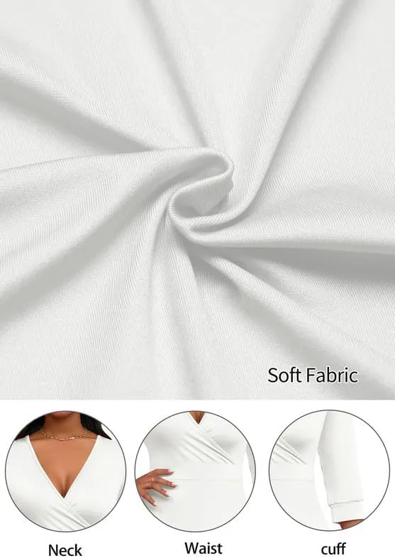 Womens Casual Dress Wrap V-Neck Elegant Wedding Guest Midi Dress 3/4 Sleeve High Waist