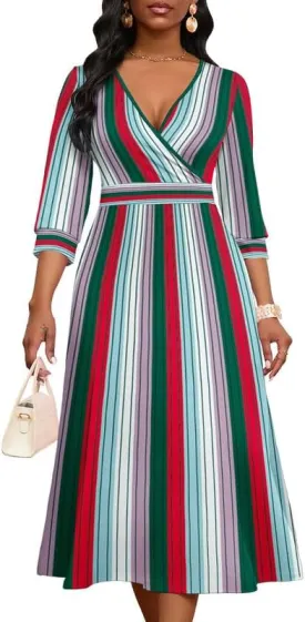 Womens Casual Dress Wrap V-Neck Elegant Wedding Guest Midi Dress 3/4 Sleeve High Waist