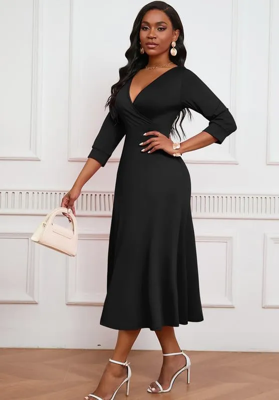 Womens Casual Dress Wrap V-Neck Elegant Wedding Guest Midi Dress 3/4 Sleeve High Waist