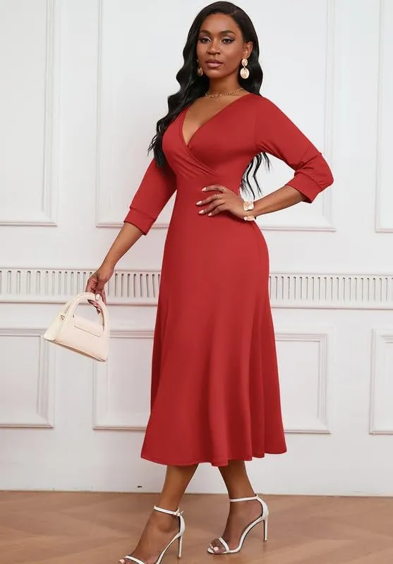 Womens Casual Dress Wrap V-Neck Elegant Wedding Guest Midi Dress 3/4 Sleeve High Waist