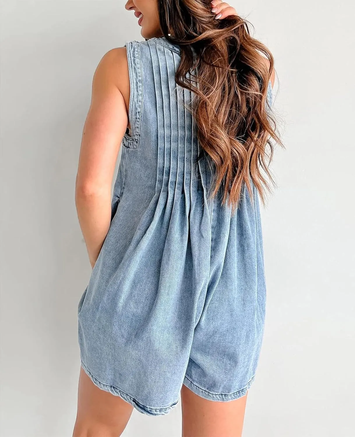 Women's Casual Summer Sleeveless Denim Romper Tie Front V Neck Ruffle Jean Short Overall With Pockets