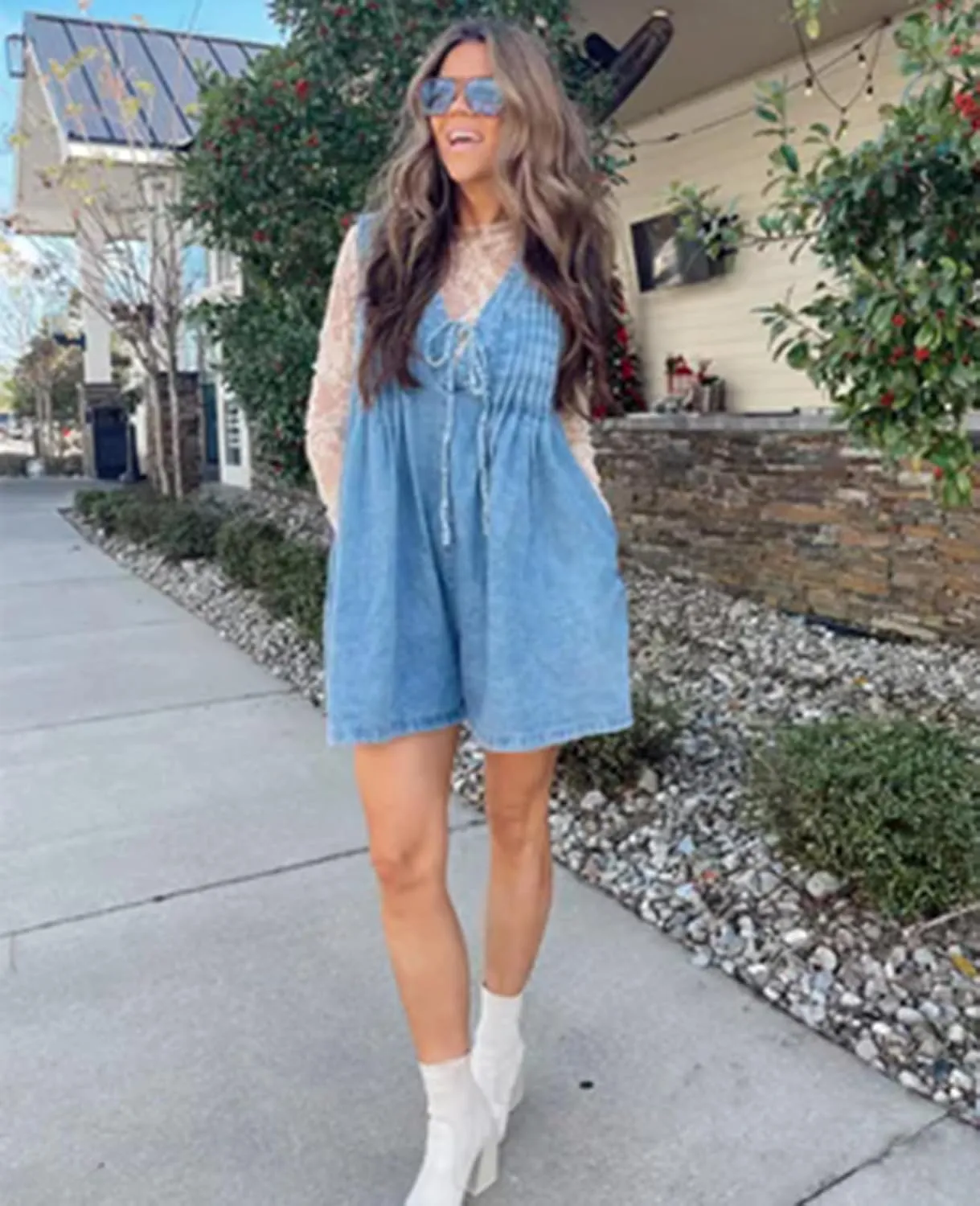 Women's Casual Summer Sleeveless Denim Romper Tie Front V Neck Ruffle Jean Short Overall With Pockets