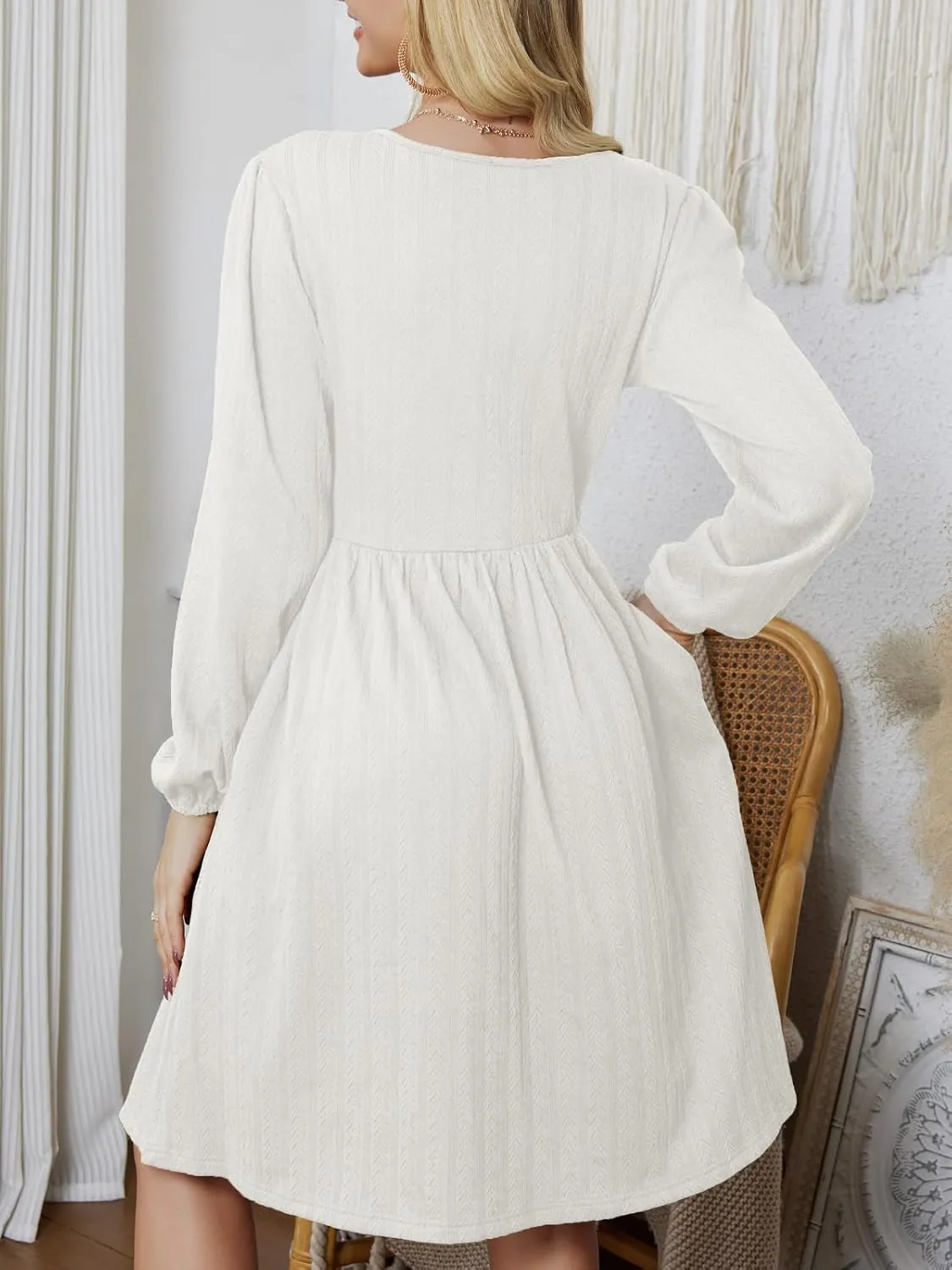 Women's Casual Sweater Dress Ribbed Knit Long Sleeve Crew Neck A-Line Knee Length Midi Dresses with Pockets
