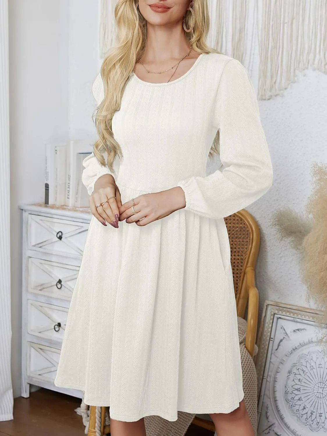 Women's Casual Sweater Dress Ribbed Knit Long Sleeve Crew Neck A-Line Knee Length Midi Dresses with Pockets