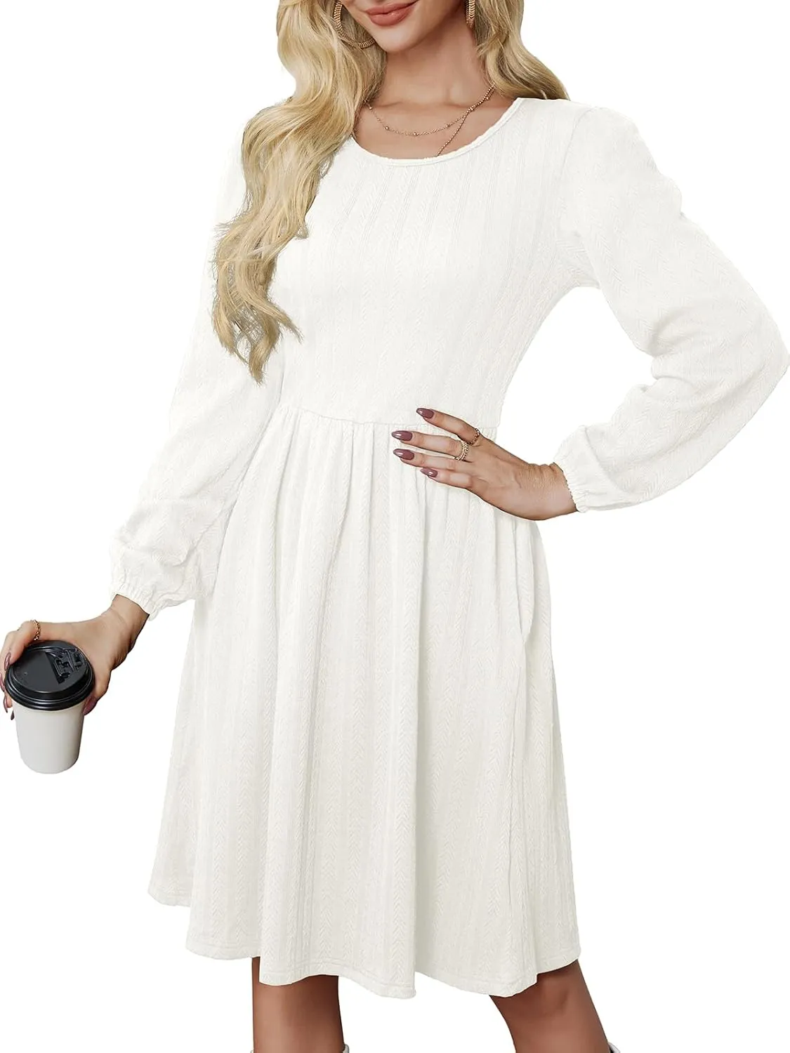 Women's Casual Sweater Dress Ribbed Knit Long Sleeve Crew Neck A-Line Knee Length Midi Dresses with Pockets