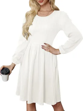 Women's Casual Sweater Dress Ribbed Knit Long Sleeve Crew Neck A-Line Knee Length Midi Dresses with Pockets