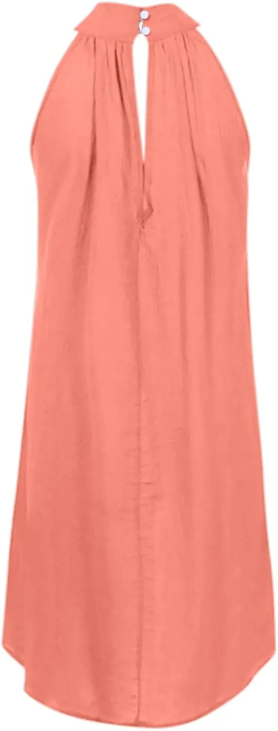 Women's Casual Tie Back Halter Neck Flared Hem Flowy Pleated Beach Sundress Sleeveless Summer A Dresses for Juniors