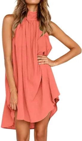Women's Casual Tie Back Halter Neck Flared Hem Flowy Pleated Beach Sundress Sleeveless Summer A Dresses for Juniors