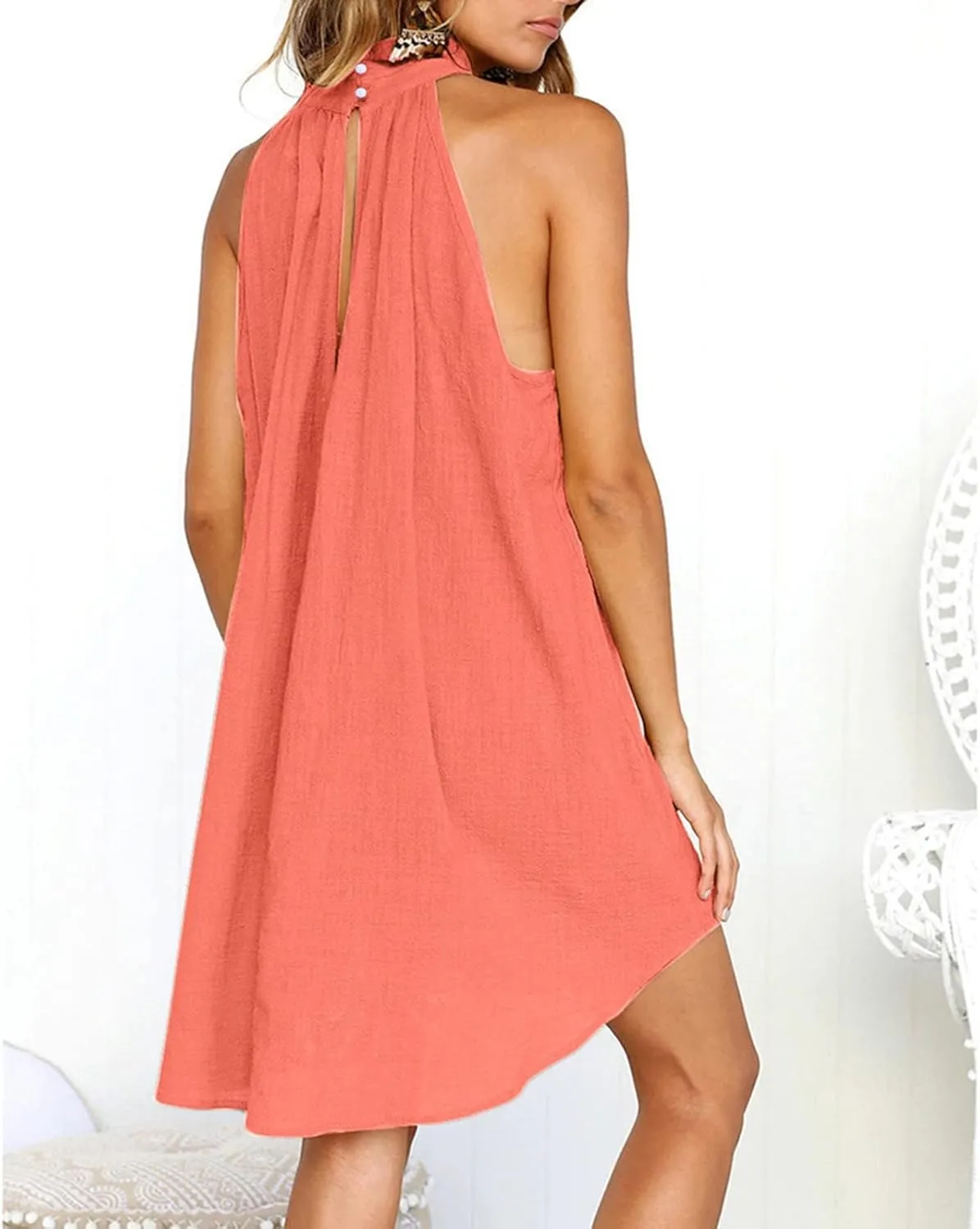 Women's Casual Tie Back Halter Neck Flared Hem Flowy Pleated Beach Sundress Sleeveless Summer A Dresses for Juniors