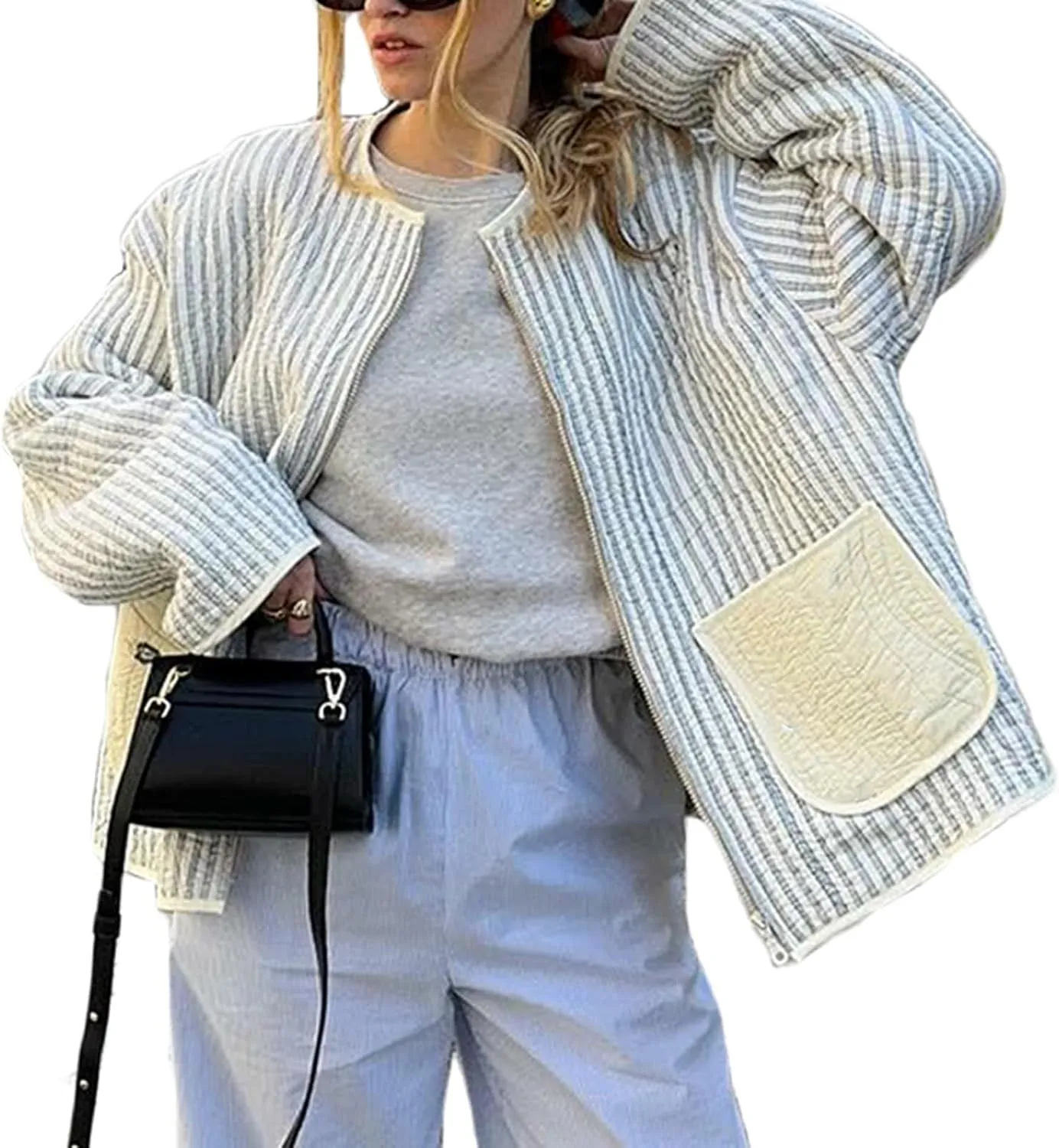 Womens Cropped Quilted Jacket Cardigan Lightweight Plaid Gingham Print Coat Padded Puffer Coats Fall Winter Outwear