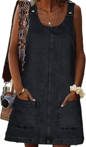 Women's Denim Dress Sleeveless Casual Crewneck Vintage Overall Dress Jean Mini Dresses with Pockets