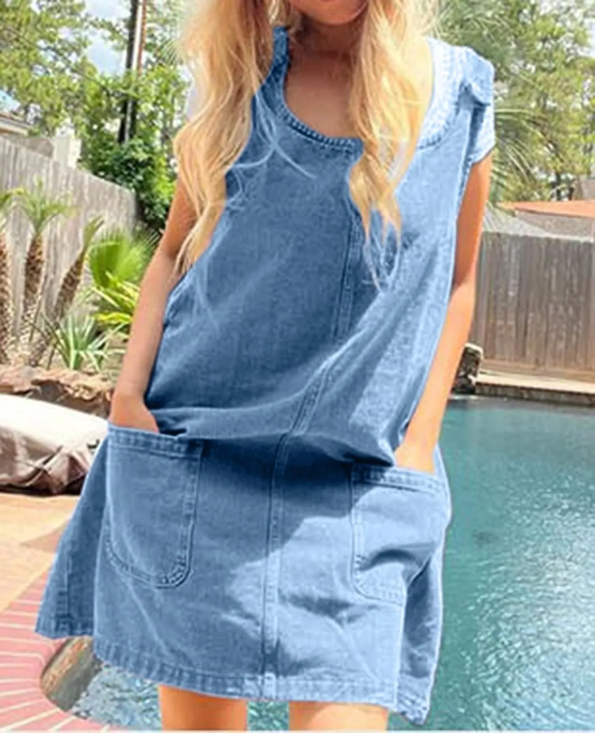 Women's Denim Dress Sleeveless Casual Crewneck Vintage Overall Dress Jean Mini Dresses with Pockets