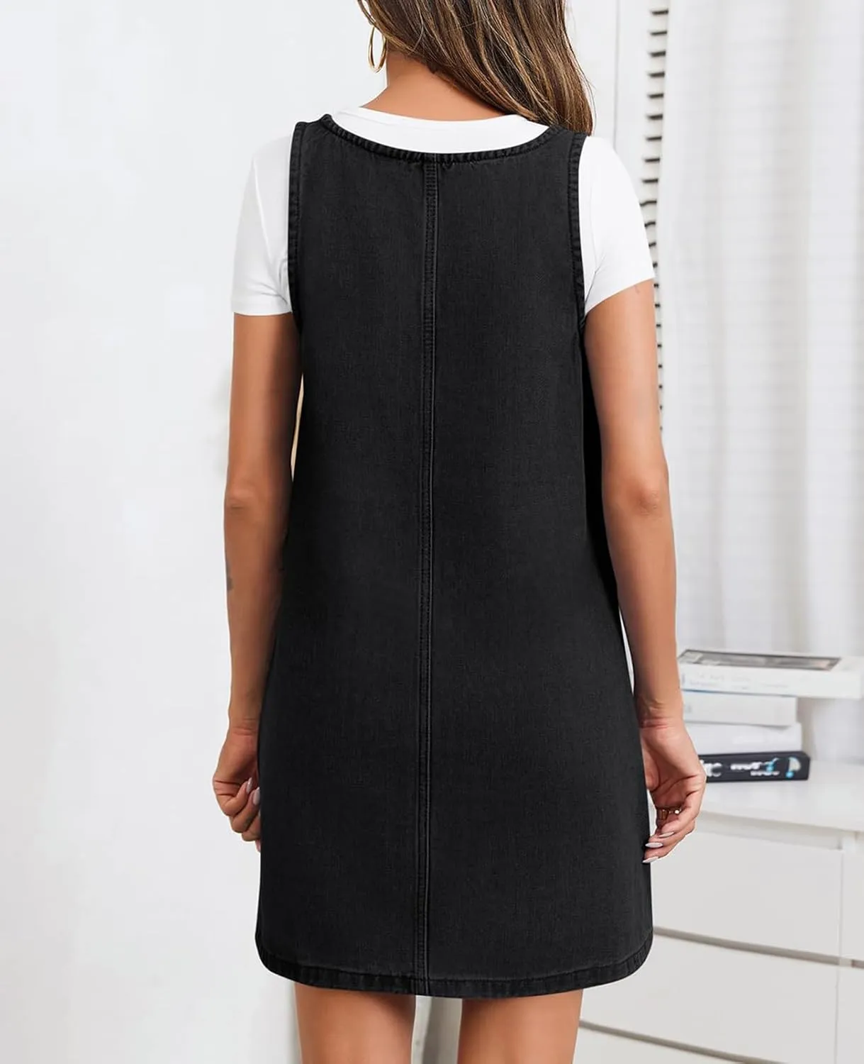 Women's Denim Dress Sleeveless Casual Crewneck Vintage Overall Dress Jean Mini Dresses with Pockets